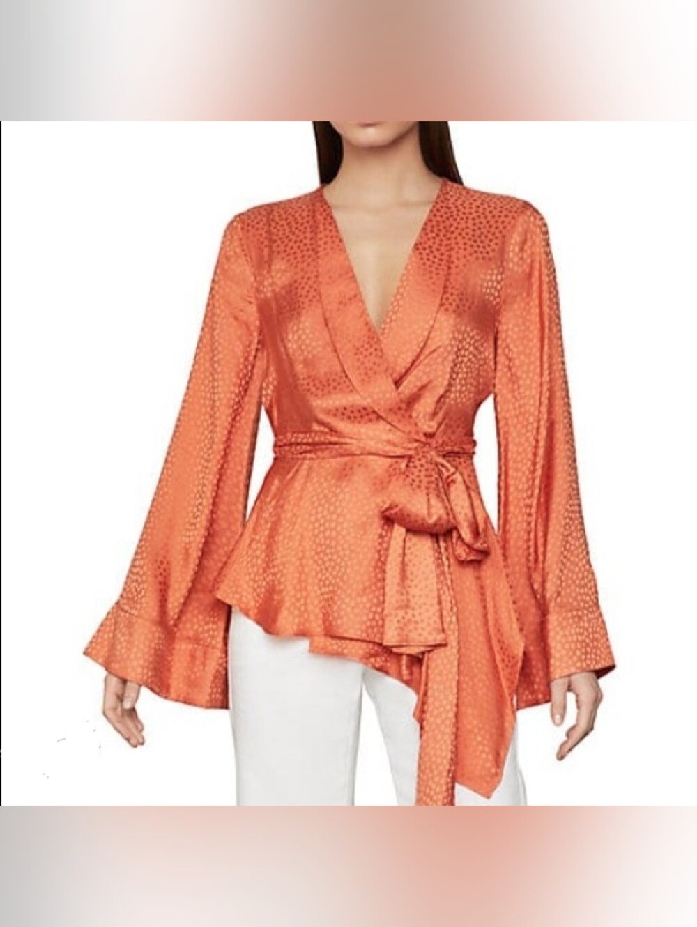 BCBG Max Azria | Textured Satin Bell Sleeve Wrap Top Blouse | Papaya | XS - Picture 4 of 12